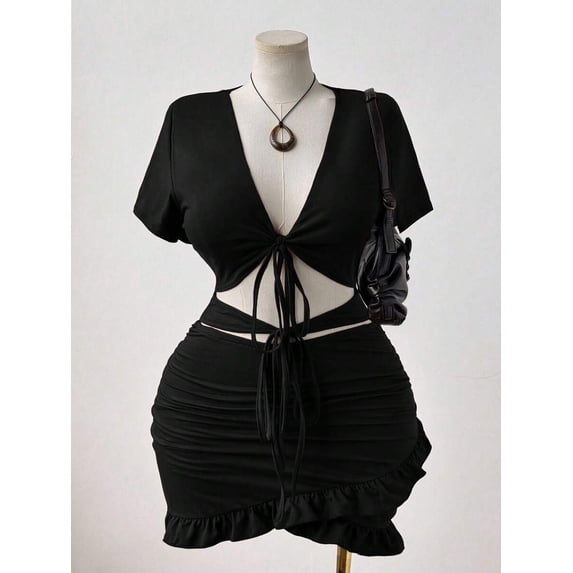 Plus Size Black V-Neck Tie-Up Ruched Waist Hollow Out Bodycon Dress