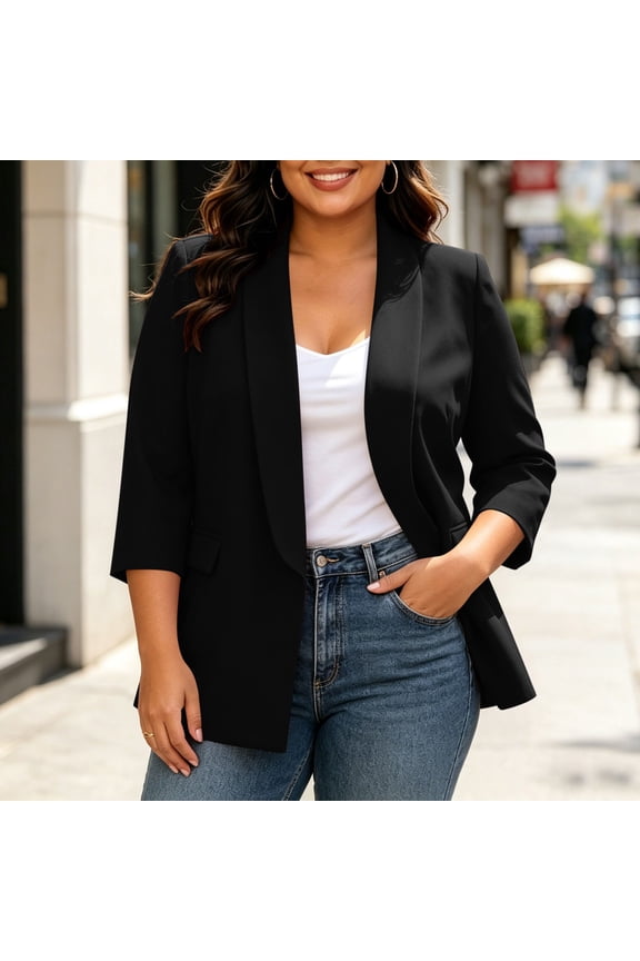 Plus Size Blazer For Women, 3/4 Sleeve Lapel Jacket With Padded Shoulders & Pockets, Lined Casual Office Suit Jacket, Professional Work Wear Black 4XL