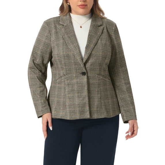 Plus Size Blazers for Women Business Casual Plaid Notched Lapel Long Sleeve Button Jacket with Pockets 2X Brown