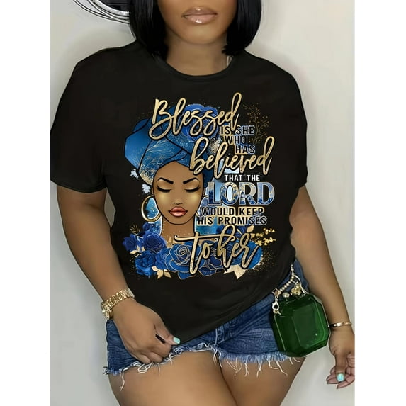 Plus Size Blessed Letter Print T-Shirt, Casual Crew Neck Short Sleeve T-Shirt, Women's Plus Size Clothing Tee For Adult, Men, Women, Teen, Teenage