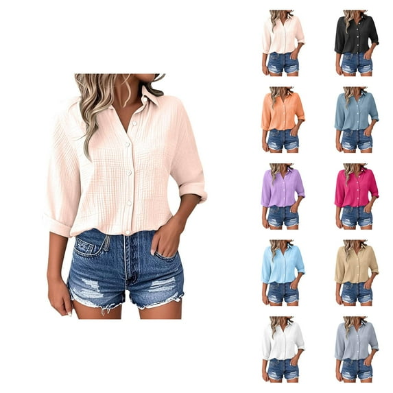 Plus Size Blouse – Flowy Linen Bluse 3/4‑Arm Casual Spring Blouses in Large Sizes für leichte Sommer‑Looks Womens Loose Buttons Down Pocket Tops Solid Long Sleeve Shirt