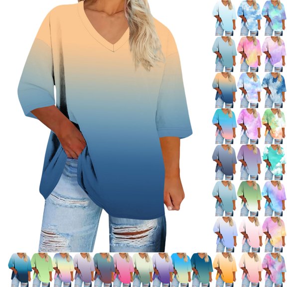 Plus Size Blouse for Women Fashion Casual Solid Color Printing V Neck Short Sleeve Tee Summer Camisas De Mujer T-Shirt Tops Summer Casual Trendy Blouses,02-Gold_L