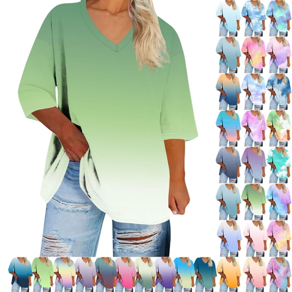 Plus Size Blouse for Women Fashion Casual Solid Color Printing V Neck Short Sleeve Tee Summer Camisas De Mujer T-Shirt Tops Summer Casual Trendy Blouses,02-Green_L