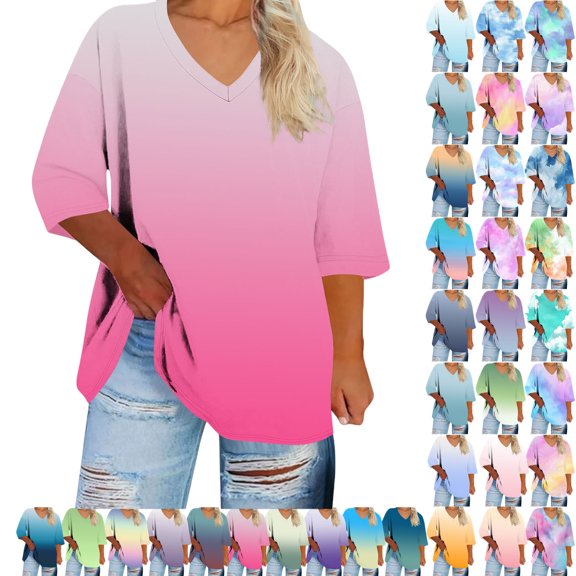 Plus Size Blouse for Women Fashion Casual Solid Color Printing V Neck Short Sleeve Tee Summer Camisas De Mujer T-Shirt Tops Summer Casual Trendy Blouses,03-Hot Pink_4XL