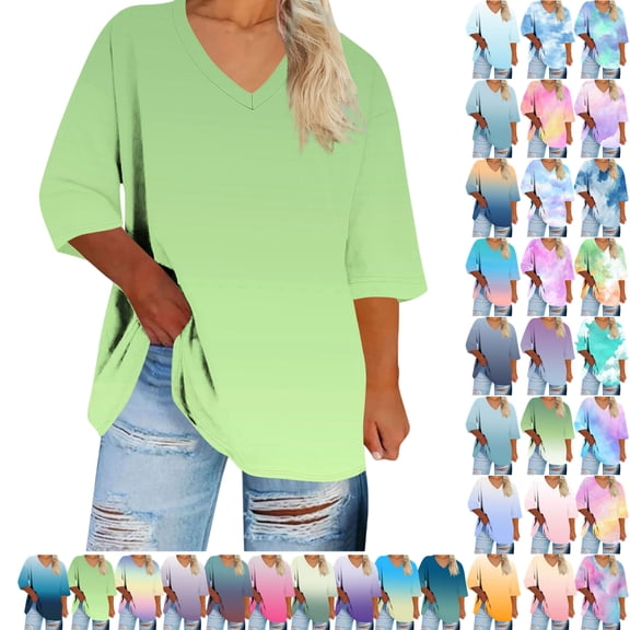 Plus Size Blouse for Women Fashion Casual Solid Color Printing V Neck Short Sleeve Tee Summer Camisas De Mujer T-Shirt Tops Summer Casual Trendy Blouses,03-Green_M
