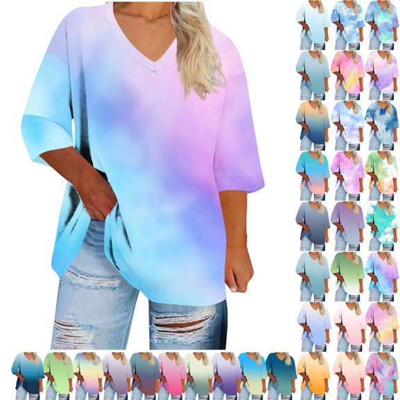 Plus Size Blouse for Women Fashion Casual Solid Color Printing V Neck Short Sleeve Tee Summer Camisas De Mujer T-Shirt Tops Summer Casual Trendy Blouses,01-Sky Blue_L