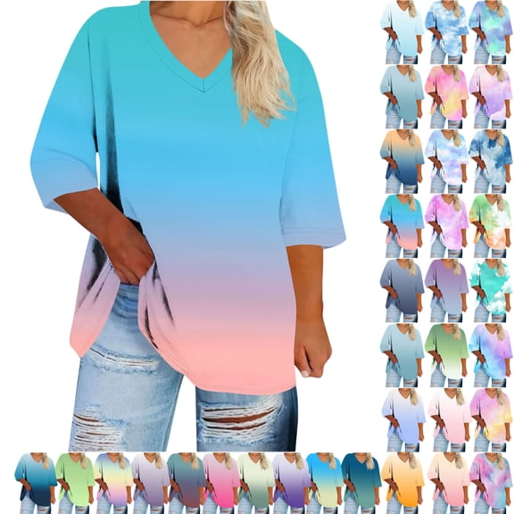 Plus Size Blouse for Women Fashion Casual Solid Color Printing V Neck Short Sleeve Tee Summer Camisas De Mujer T-Shirt Tops Summer Casual Trendy Blouses,02-Sky Blue_5XL
