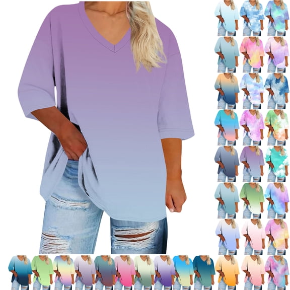 Plus Size Blouse for Women Fashion Casual Solid Color Printing V Neck Short Sleeve Tee Summer Camisas De Mujer T-Shirt Tops Summer Casual Trendy Blouses,02-Purple_S