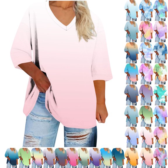 Plus Size Blouse for Women Fashion Casual Solid Color Printing V Neck Short Sleeve Tee Summer Camisas De Mujer T-Shirt Tops Summer Casual Trendy Blouses,02-Pink_M