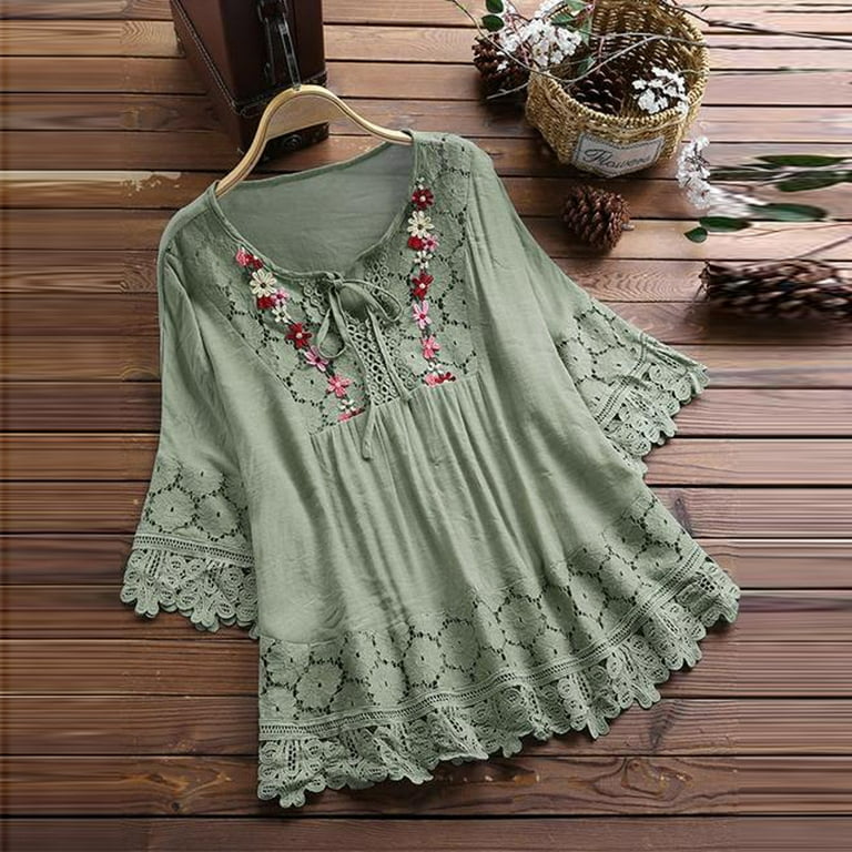 Plus Size Blouse Women Vintage Lace Patchwork Bow V-Neck Embroidery Summer  Three Quarter Retro Solid Tops T-Shirt S-5XL 