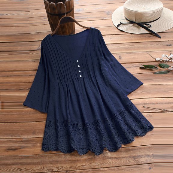 Plus Size Blouse Women Vintage Lace Patchwork Bow V-Neck Embroidery Summer Three Quarter Retro Solid Tops T-Shirt S-5XL