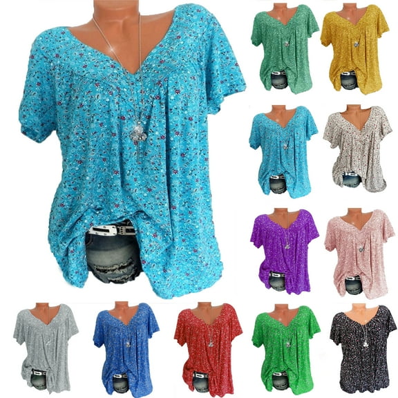 Plus Size Blouse for Women Fashion Casual Solid Color Printing V-Neck Short Sleeve Ruched Tunic Tee Summer Camisas De Mujer T-Shirt Tops