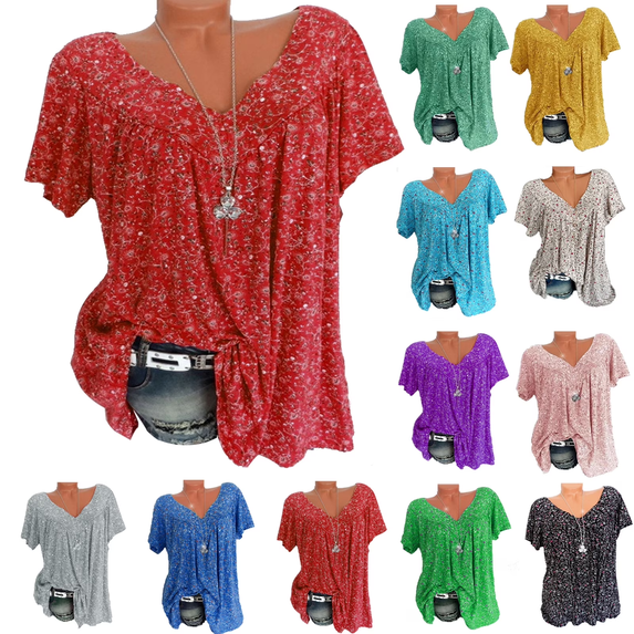 Plus Size Blouse for Women Fashion Casual Solid Color Printing V-Neck Short Sleeve Ruched Tunic Tee Summer Camisas De Mujer T-Shirt Tops