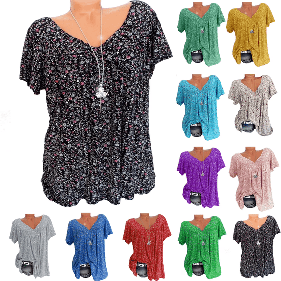 Plus Size Blouse for Women Fashion Casual Solid Color Printing V-Neck Short Sleeve Ruched Tunic Tee Summer Camisas De Mujer T-Shirt Tops