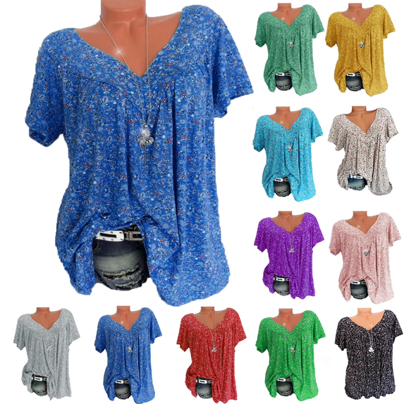 Plus Size Blouse for Women Fashion Casual Solid Color Printing V-Neck Short Sleeve Ruched Tunic Tee Summer Camisas De Mujer T-Shirt Tops