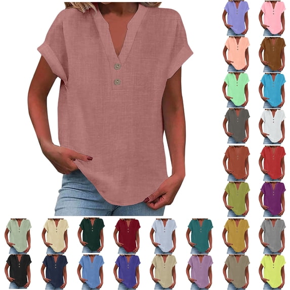 Plus Size Blouse for Women Sawvnm Women's Tops Fashion Solid Button Shirt Female V-Neck Loose T-shirt Blouse for Women Pink XL