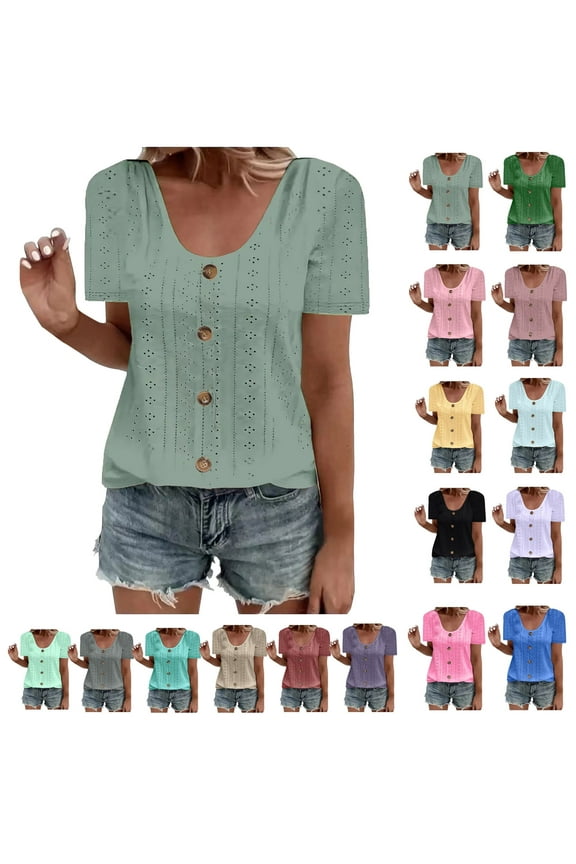 Plus Size Blouse for Women Ndbuld Womens Fashion Summer Short Sleeve Round-Neck Solid Casaul Tops T-shirt for Women Green XL