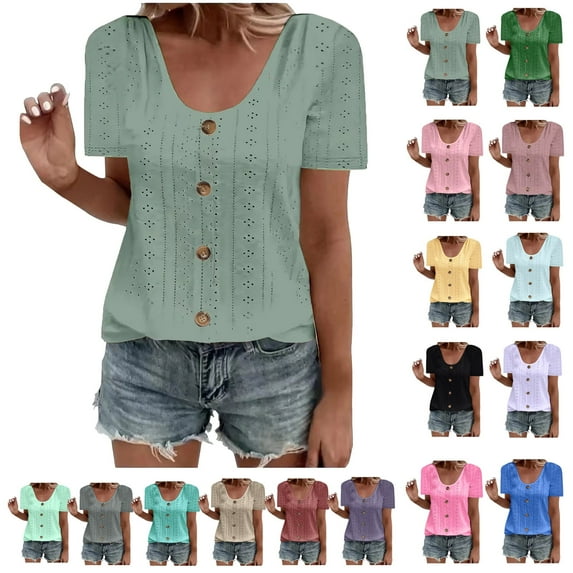 Plus Size Blouse for Women Ndbuld Womens Fashion Summer Short Sleeve Round-Neck Solid Casaul Tops T-shirt for Women Green XL