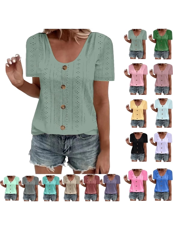 Plus Size Blouse for Women Ndbuld Womens Fashion Summer Short Sleeve Round-Neck Solid Casaul Tops T-shirt for Women Green XL