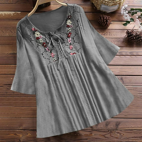 Plus Size Blouse for Women Vintage Lace Patchwork Bow V-Neck Embroidery Shirts Summer 3/4 Bell Sleeve Cotton Linen Tops