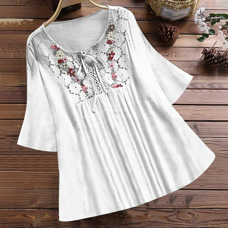 Cotton 3/4 sleeve Bell sleeve Stripe Round neck Patchwork T-shirt Cotton 3/4 sleeve Bell sleeve Stripe Round neck Patchwork T-shirt