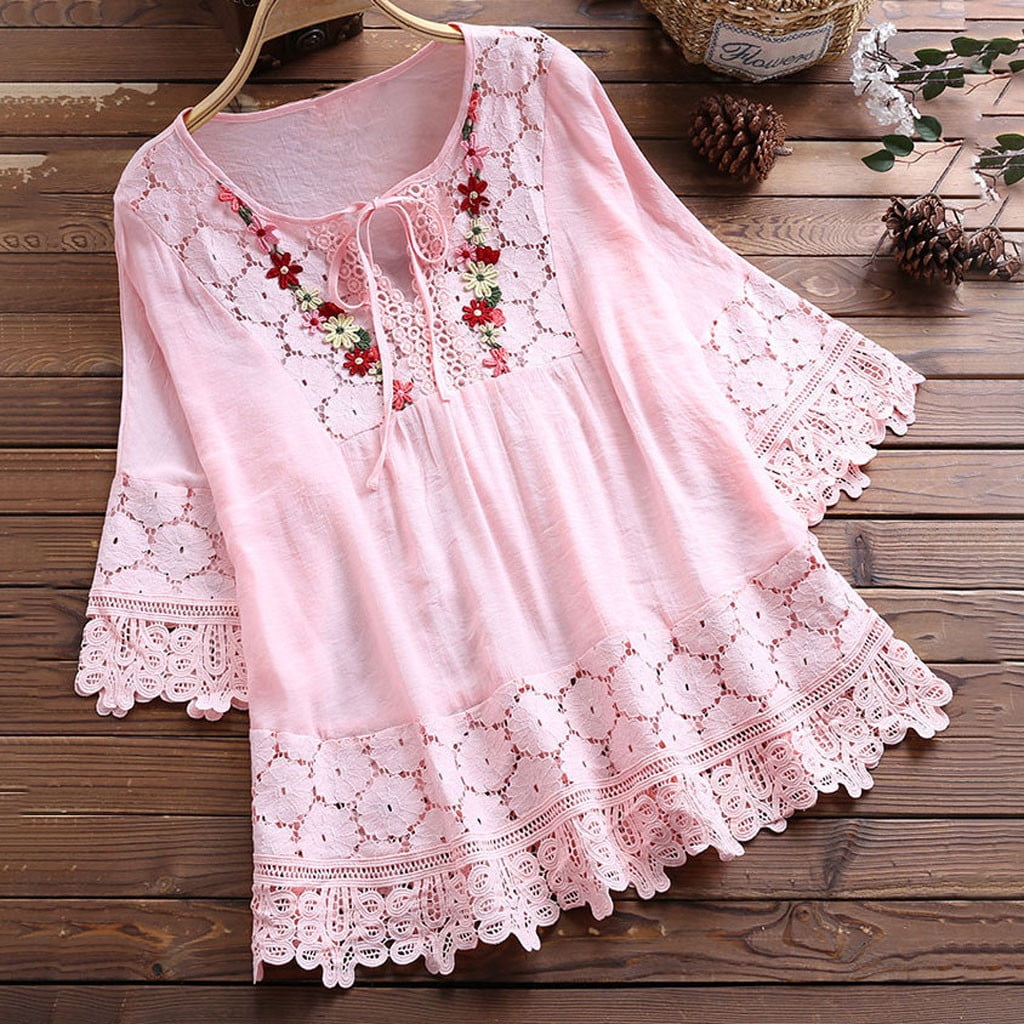  Plus Size Blouse for Women Summer Vintage Lace Patchwork Bow  V-Neck Embroidery Summer 3/4 Sleeve Retro Solid Tops T-Shirt Pink : Sports  & Outdoors