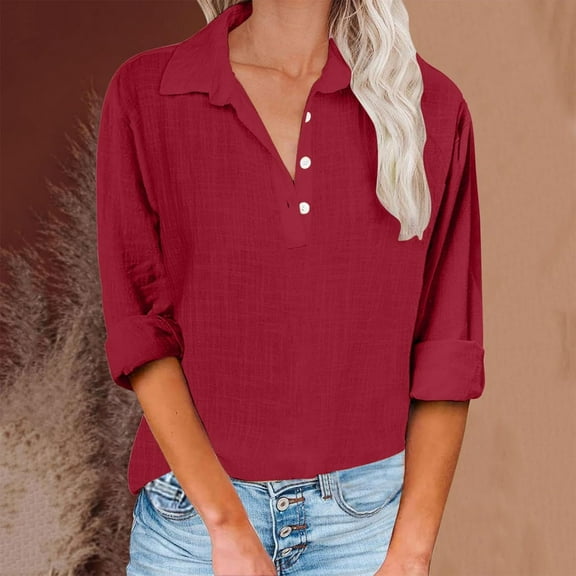 Plus Size Blouse for Women Women's Autumn Long Sleeve Button Solid Color Half Buttoned No Pocket Loose Casual Shirt