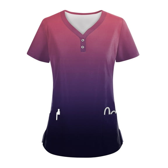 Plus Size Blouse for Women Women's Button V Neck Fashion Casual Gradient Printing Tops Dry-nurse Top，Scrubs Tops for Women，2 Pockets