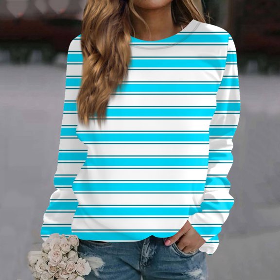 Plus Size Blouse for Women Women's Fashion Casual Stripe Printed Round Neck Sweatshirt Long Sleeve Tops Round Neck Tops
