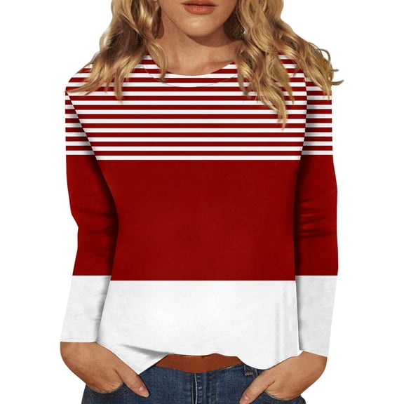 Plus Size Blouse for Women Women's Fashionable Casual Long Sleeved Striped Printed Round Neck Top Long Sleeved Top