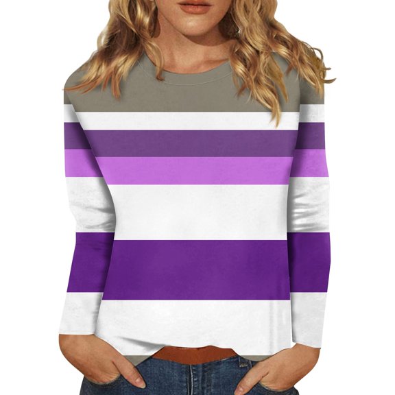 Plus Size Blouse for Women Women's Fashionable Casual Long Sleeved Striped Printed Round Neck Top Long Sleeved Top