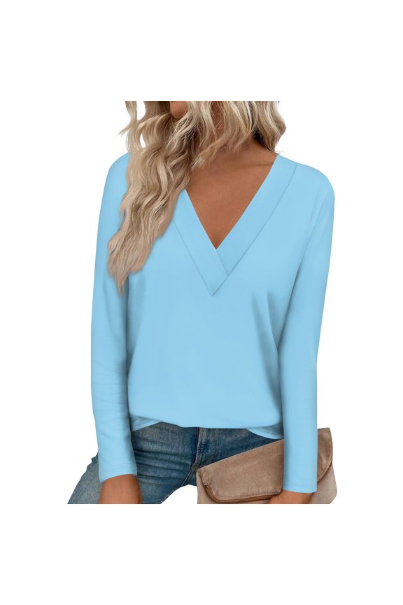Plus Size Blouse for Women Women's Fashionable Solid Color Large V-neck Front Shoulder Curved Hem Long Sleeved T-shirt Top
