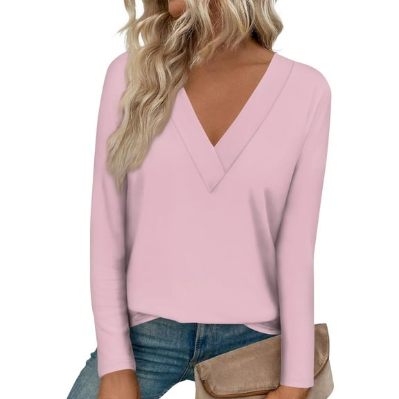 Plus Size Blouse for Women Women's Fashionable Solid Color Large V-neck Front Shoulder Curved Hem Long Sleeved T-shirt Top