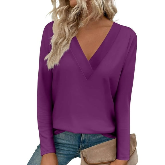 Plus Size Blouse for Women Women's Fashionable Solid Color Large V-neck Front Shoulder Curved Hem Long Sleeved T-shirt Top
