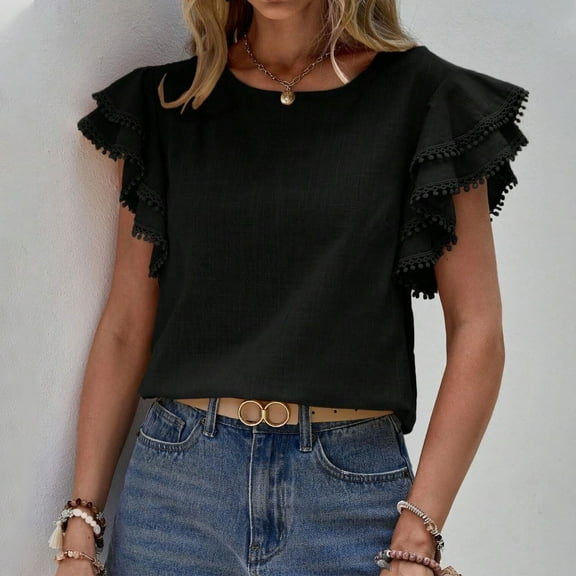 Plus Size Blouse for Women Women's Round Neck Summer Loose Shirt Ruffled Shirt Short Sleeve Top