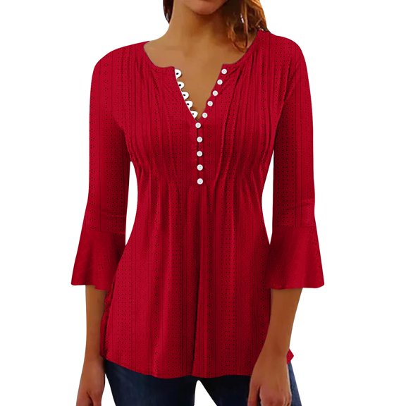 Plus Size Blouse for Women Women's Solid Color Hollow V-neck Button-down Flared Three-quarter Sleeve Top