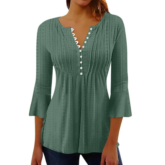 Plus Size Blouse for Women Women's Solid Color Hollow V-neck Button-down Flared Three-quarter Sleeve Top