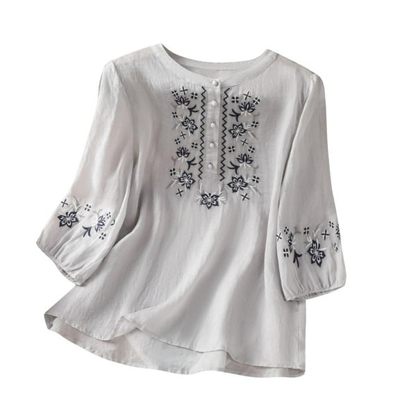 Plus Size Blouses for Lady Women's Cotton Linen Blouse Button 3/4 Sleeve Shirts Summer Loose Crew Neck Casual Boho Tops Vintage Embroidered Flowy Blouse Tops Gray XL