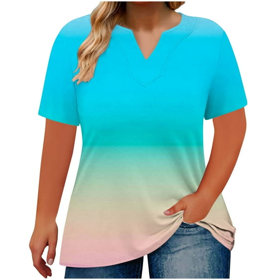 Plus Size Blouses Top for Women Casual V-Neck Fashion Gradient Color Short Sleeve T-shirt Summer Loose Breathable Oversized Pullover Tops Sky Blue XXL