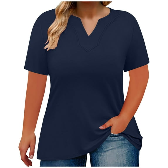 Plus Size Blouses Top for Women Casual V-Neck Fashion Solid Color Short Sleeve T-shirt Summer Loose Breathable Oversized Pullover Tops Navy 5XL