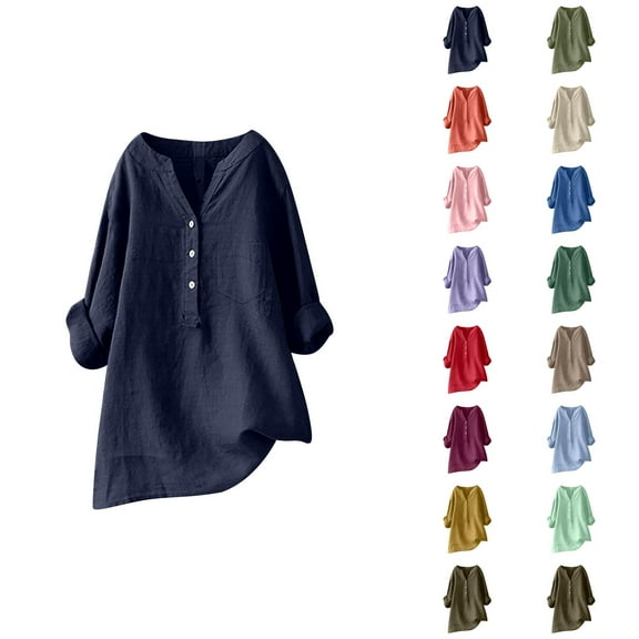 Plus Size Blouses for Women – 3/4 Sleeve Button Down Blouse Casual and Classy Work Tops for Spring or Fall Women Loose Solid Linen Shirt Long Sleeve Button Up Mandarin Collar Top