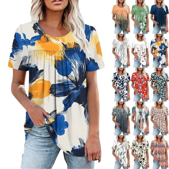 Plus Size Blouses for Women Floral Casual Ladies' Tops Pleated Short Sleeve Round-Neck Blouses Shirts Multicolor Womens Summer Outwear Comfortable Vacation Beach Fashion