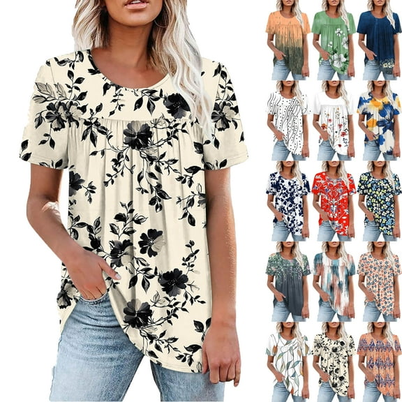 Plus Size Blouses for Women Floral Casual Ladies' Tops Pleated Short Sleeve Round-Neck Blouses Shirts Multicolor Womens Summer Outwear Comfortable Vacation Beach Fashion