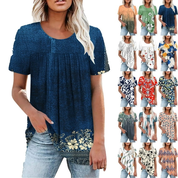 Plus Size Blouses for Women Floral Casual Ladies' Tops Pleated Short Sleeve Round-Neck Blouses Shirts Multicolor Womens Summer Outwear Comfortable Vacation Beach Fashion