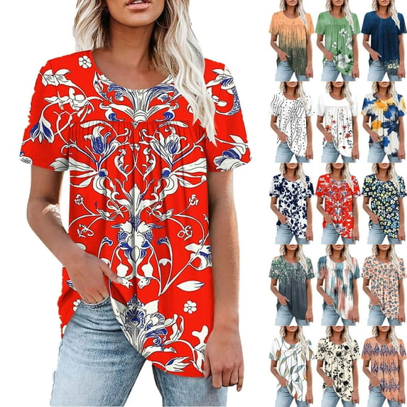 Plus Size Blouses for Women Floral Casual Ladies' Tops Pleated Short Sleeve Round-Neck Blouses Shirts Multicolor Womens Summer Outwear Comfortable Vacation Beach Fashion