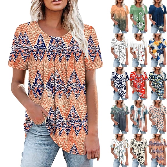 Plus Size Blouses for Women Floral Casual Ladies' Tops Pleated Short Sleeve Round-Neck Blouses Shirts Multicolor Womens Summer Outwear Comfortable Vacation Beach Fashion