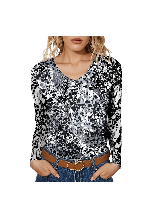 Plus Size Blouses for Women Long Sleeve Shirts Pleated V Neck Curved Hem Fall Winter Tunic Tops Blouses Print