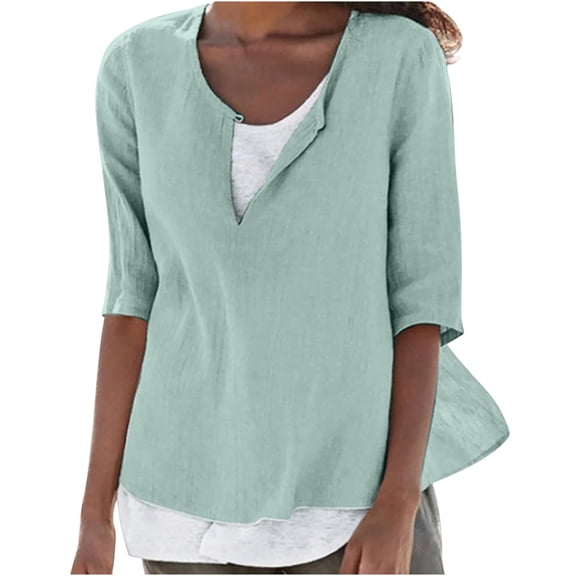Plus Size Blouses for Women New Women's Summer V-Neck T-Shirts Casual 3/4Sleeve Blouse Mint Green 3Xl