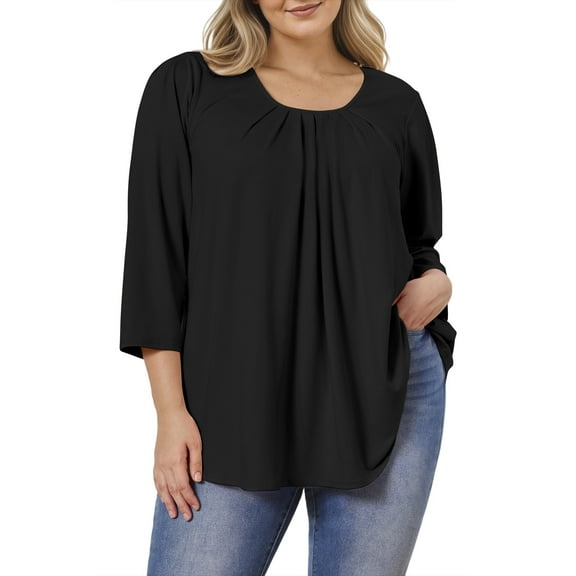Plus Size Blouses for Women Pleated 3/4 Sleeve Shirts Casual Crew Neck Tunic Tops