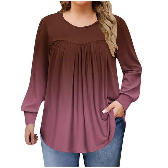 Plus Size Blouses for Women Pleated Casual Long Sleeve Round Neck Shirts Gradient Print Loose Fit Fall Tops